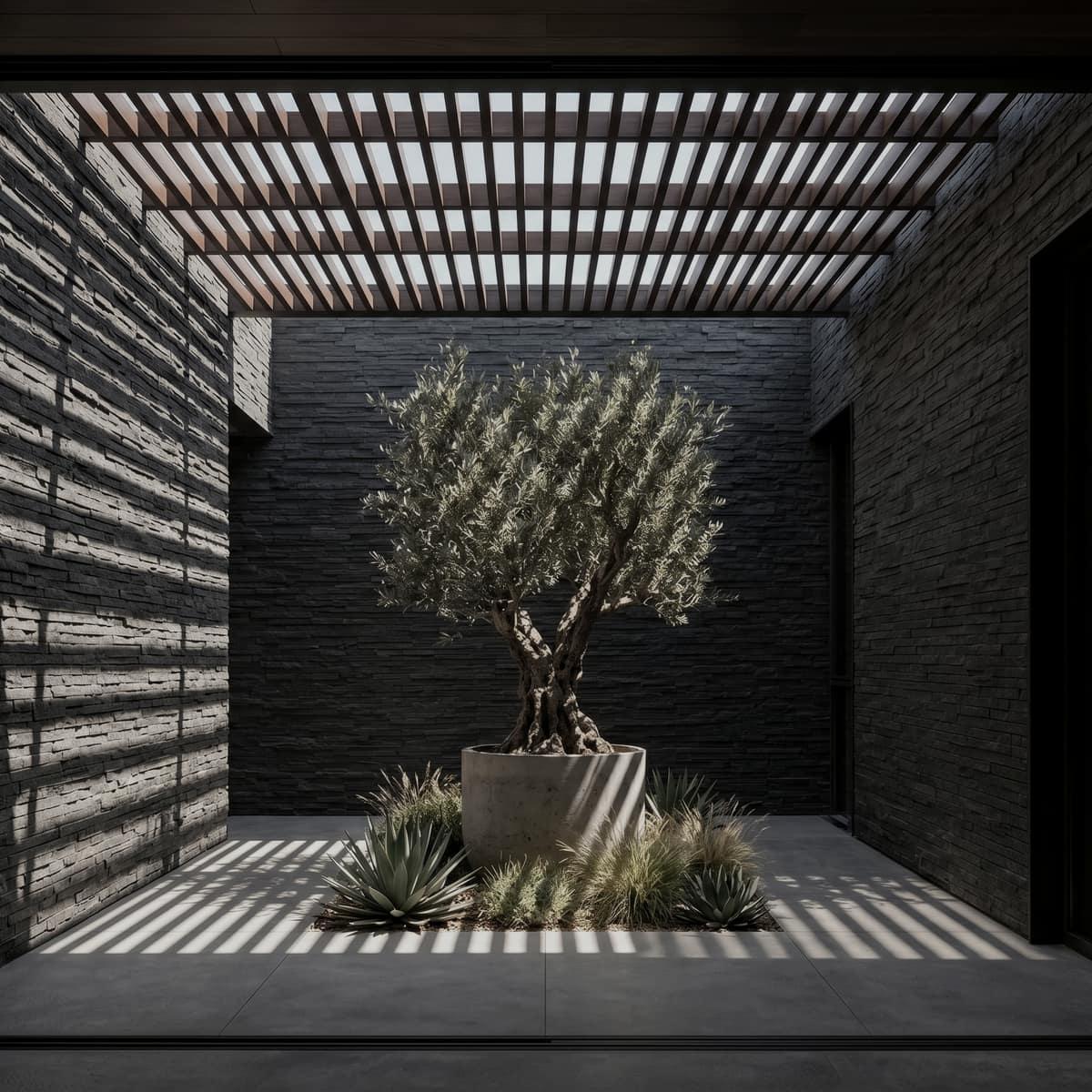 A shaded architectural screen casting linear shadows across a compact courtyard