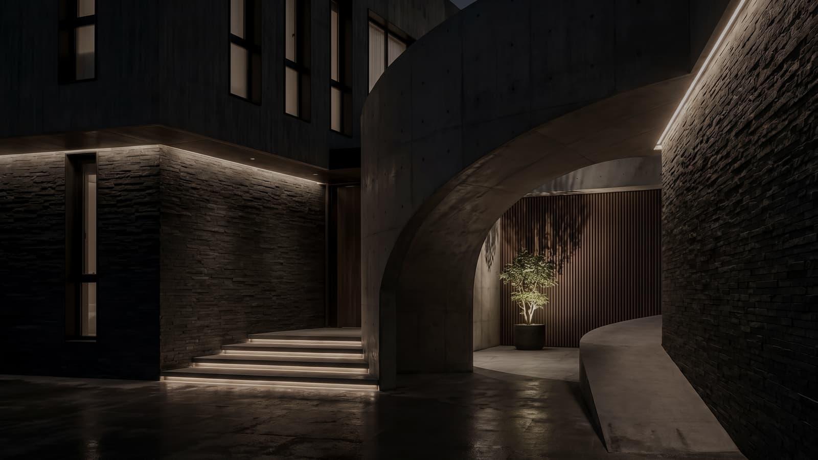 A quiet architectural courtyard with stone, glass, water, and softened evening light