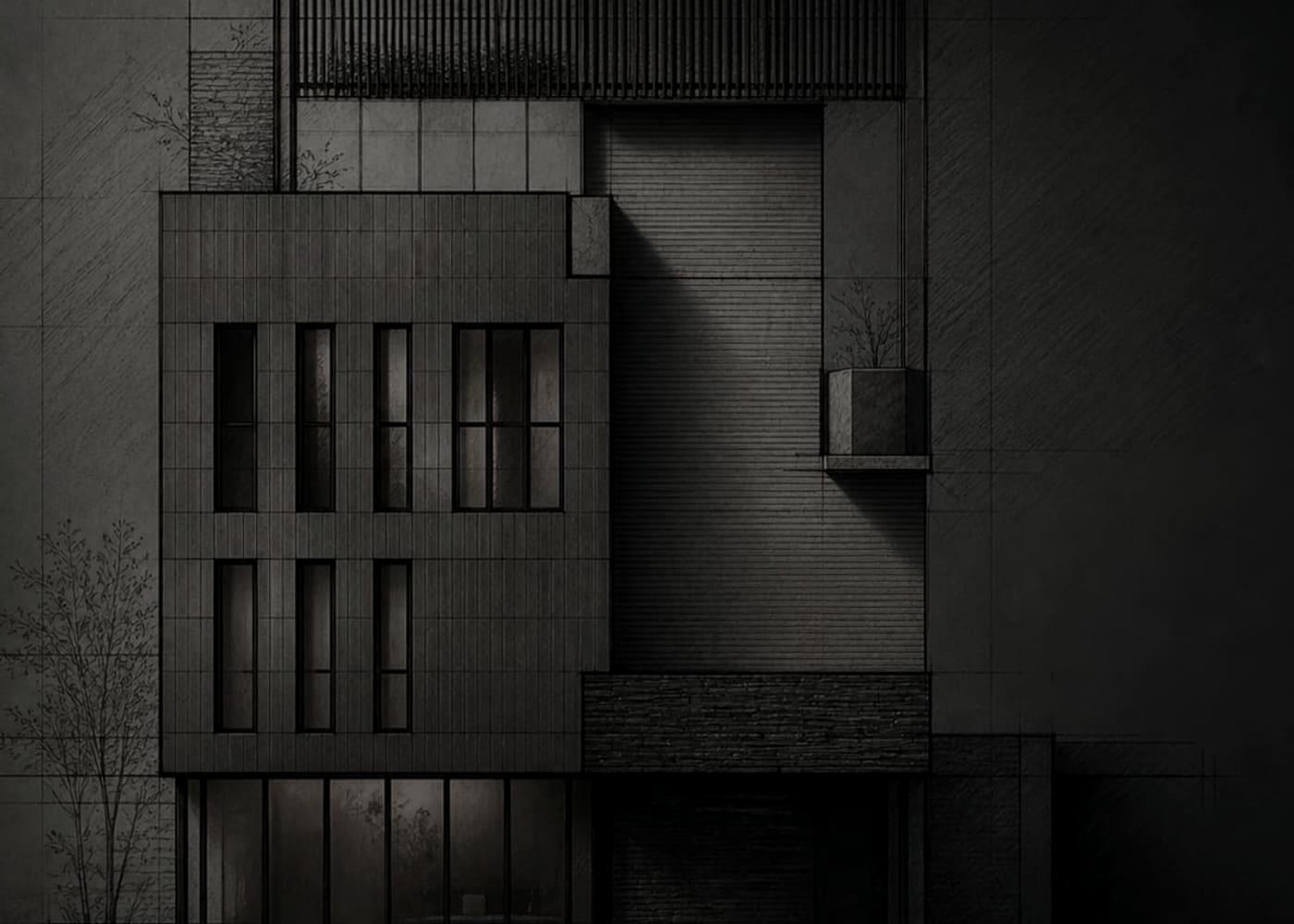 A dark architectural elevation study suggesting disciplined structure and value creation