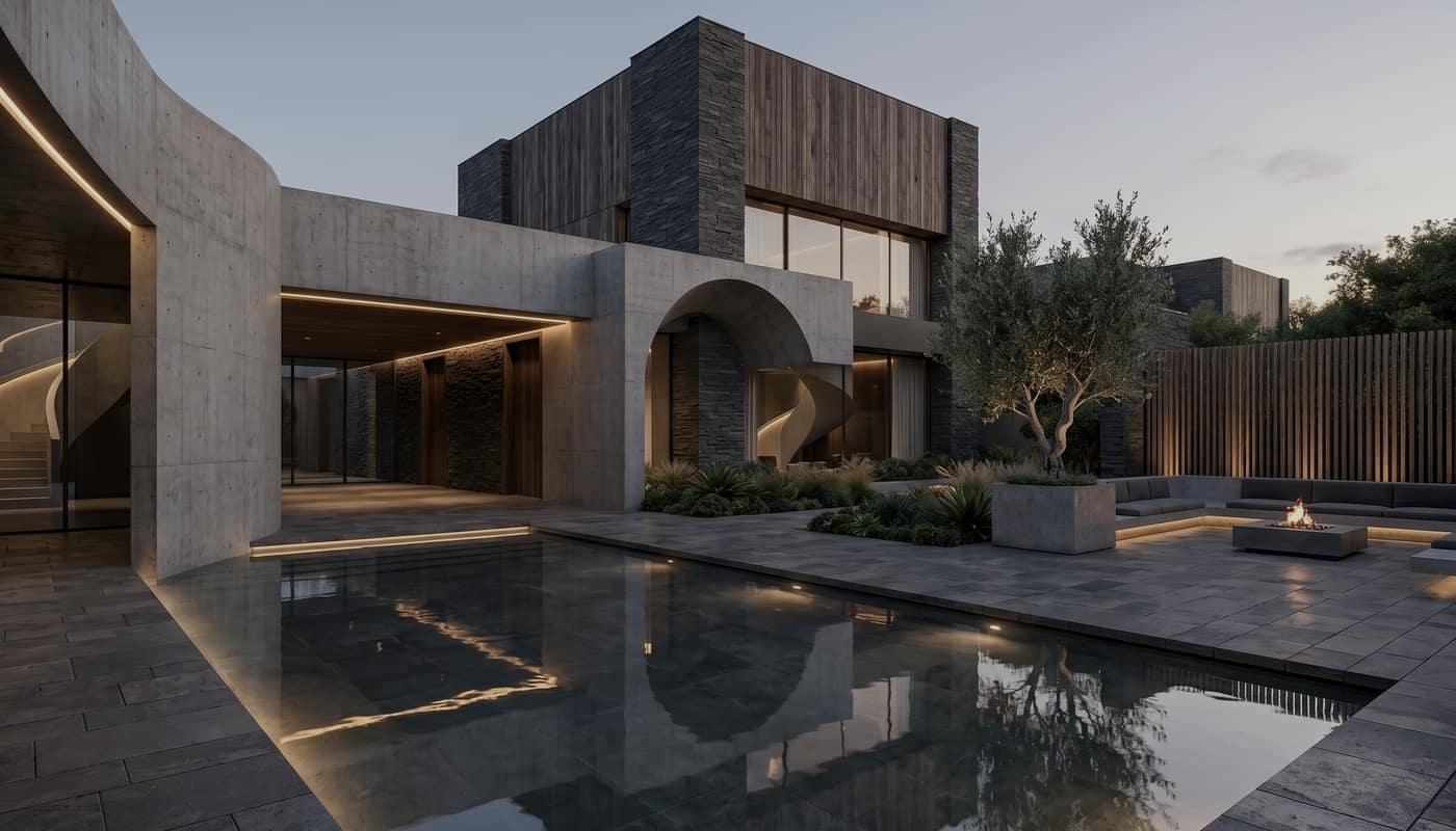 A calm exterior court with water, planting, stone, and contemporary architectural massing